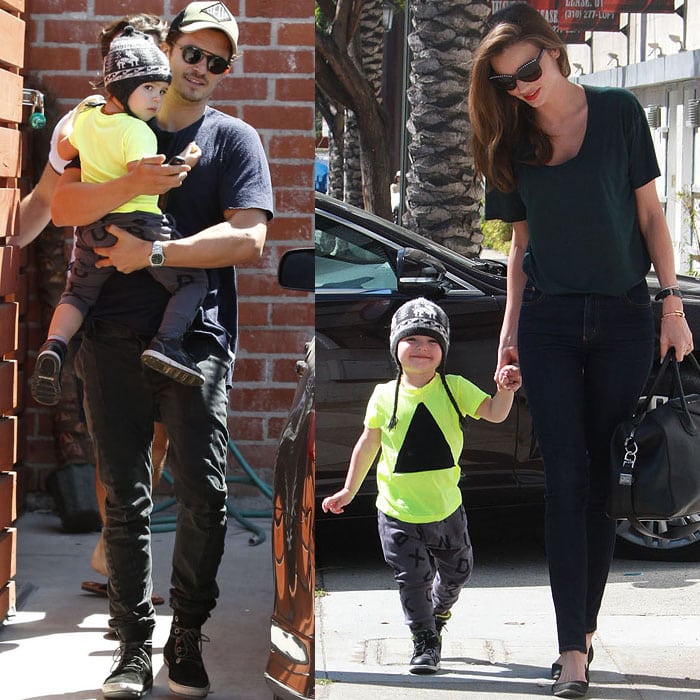 Miranda Kerr, Orlando Bloom and son Flynn Bloom leave a kids' gym