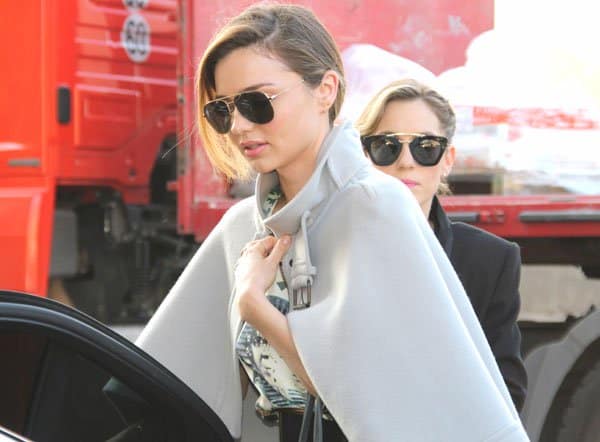 Miranda Kerr wearing a glorious gray coat