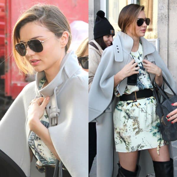 Miranda Kerr wearing an Egyptian-print skirt by Balenciaga, paired with a matching top