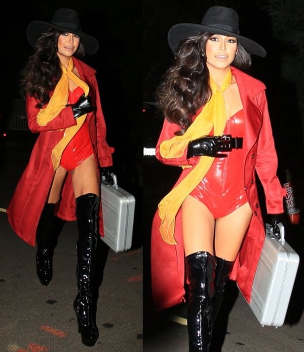 Naya Rivera dressed as Carmen Sandiego with a red trench coat, leather gloves, thigh-high boots, and a silver suitcase