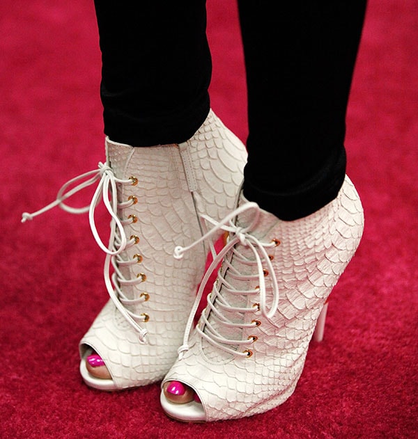 Nicki Minaj rocking white crocskin Giuseppe Zanotti booties