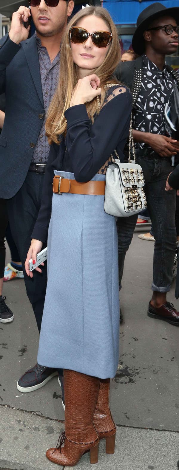 Olivia Palermo totes a white Chloe Elsie crystal-studded bag