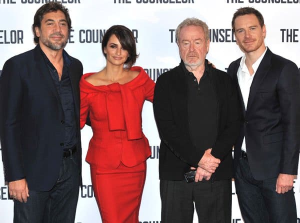 Javier Bardem, Penelope Cruz, Ridley Scott, and Michael Fassbender at the press junket and photocall of The Counselor