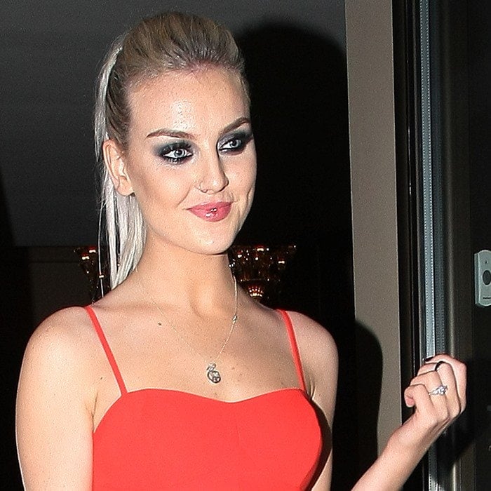 Perrie Edwards of Little Mix leaves the Mayfair Hotel in London on September 24, 2013