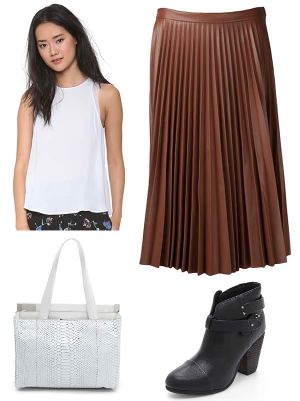 Theory Braiden Top, $160.00 / LOVER Divinyl Midi Skirt, $500.00 / Rag & Bone Harrow Booties, $495.00 / Maison Martin Margiela Leather Tote, $2,490.00