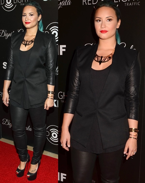 Demi Lovato exudes edgy elegance at the Dignity Gala on October 18, 2013, wearing a Helmut Lang leather-sleeve blazer, Theory leather pants, Christian Louboutin Highness pumps, and Cartier jewelry