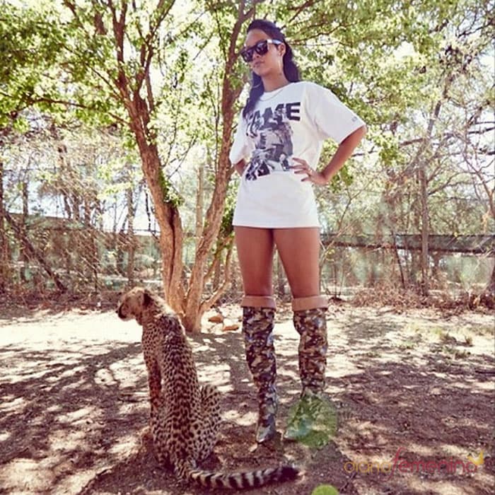 Rihanna rocks camo-printed thigh-high boots while on safari