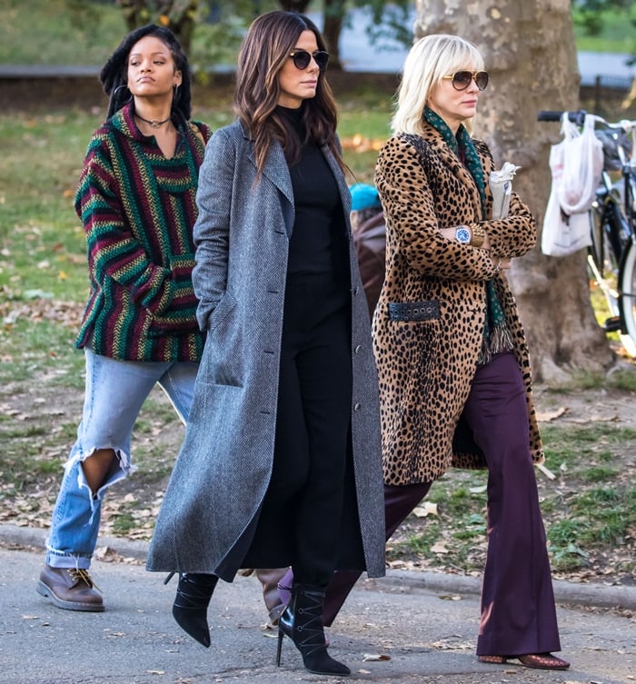 Sandra Bullock, on the set of Oceans 8 with Rihanna and Cate Blanchett in 2016, speaks German in her role as Debbie Ocean