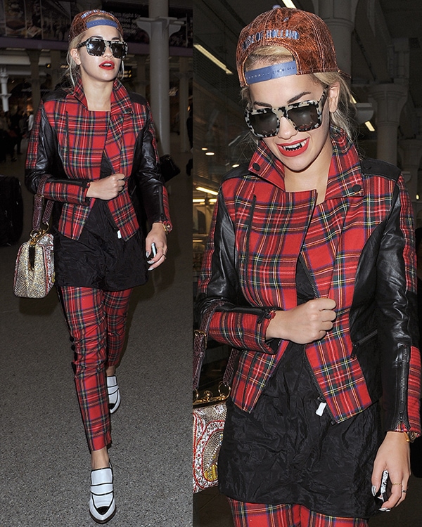 Rita Ora arriving at St Pancras Station in London, wearing Karl Lagerfeld's 'Vicious' tartan biker jacket