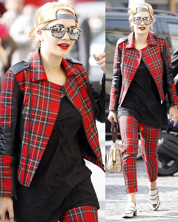 Rita Ora leaving Gare du Nord in Paris, France, wearing a tartan jacket and matching pants, on October 2, 2013