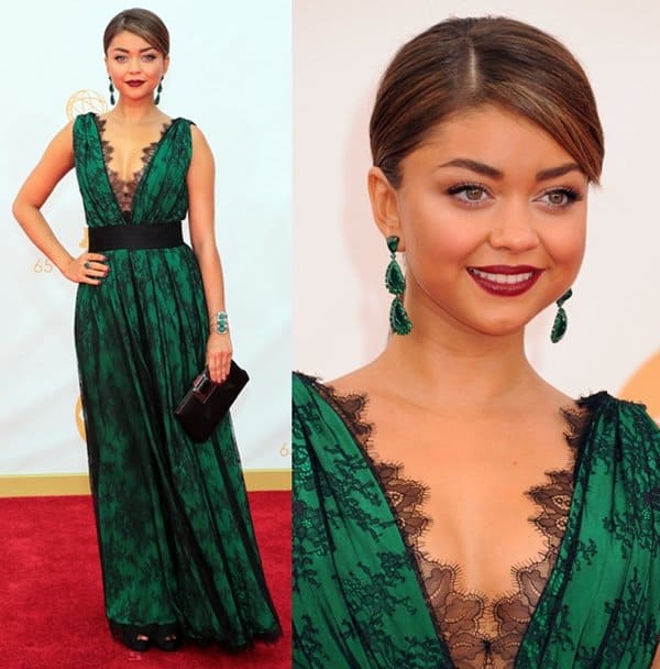 Sarah Hyland in a green dress at the 2013 Emmy Awards