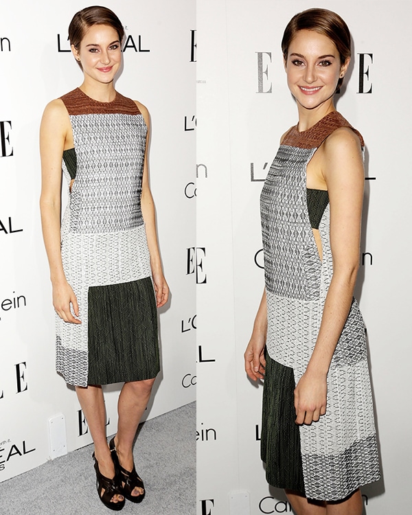 Shailene Woodley in an unflattering dress that features geometric prints in muted shades