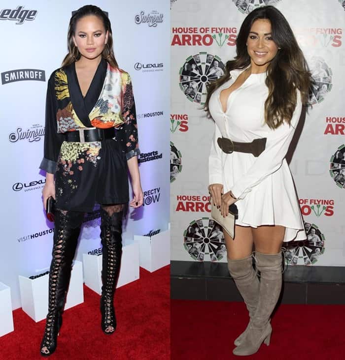 Chrissy Teigen and Casey Batchelor wearing belted wrap dresses.