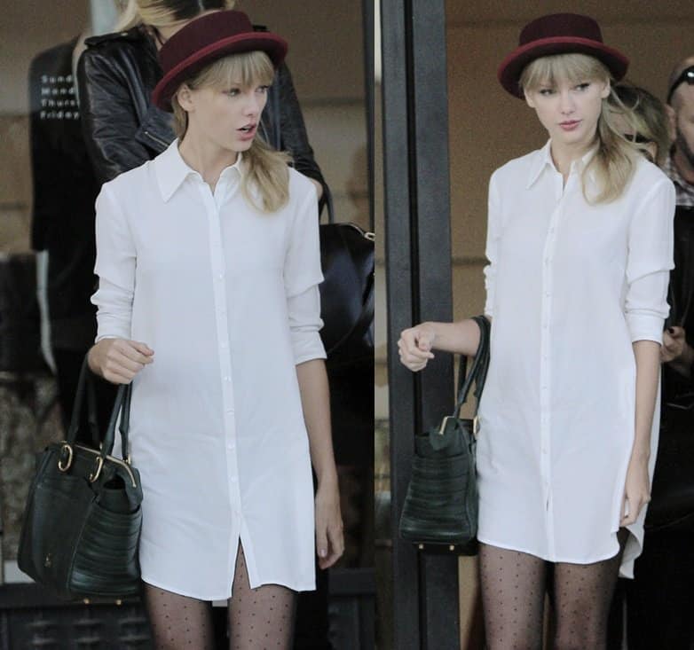 Taylor Swift flaunts her legs in a white The Reformation shirtdress paired with hosiery tulle leggings