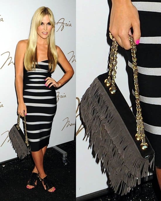 Tinsley Mortimer elegantly accessorized with a fringe handbag at the Max Azria 2010 Collection, captured backstage during the Mercedes-Benz IMG New York Fashion Week Spring/Summer 2010 in New York City, on September 15, 2009