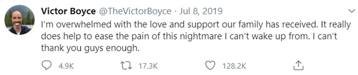 Victor Boyce expresses his gratitude on Twitter for the overwhelming support his family received after the tragic passing of his son, Cameron Boyce