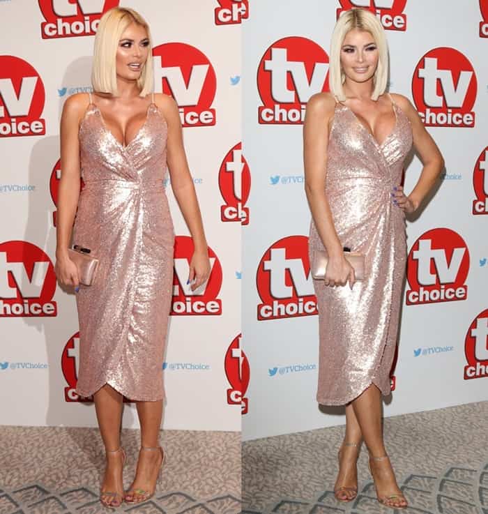 Lia Toby wearing a metallic wrap style dress at The TV Choice Awards 2016 at The Dorchester, Park Lane in London.
