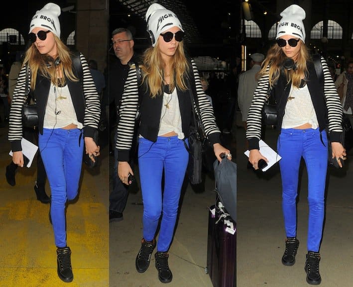 Cara Delevingne styled her electric blue skinny jeans with Mulberry leather and suede high-top sneakers