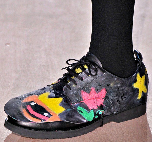 Black oxford shoes featuring vibrant hand-painted abstract designs