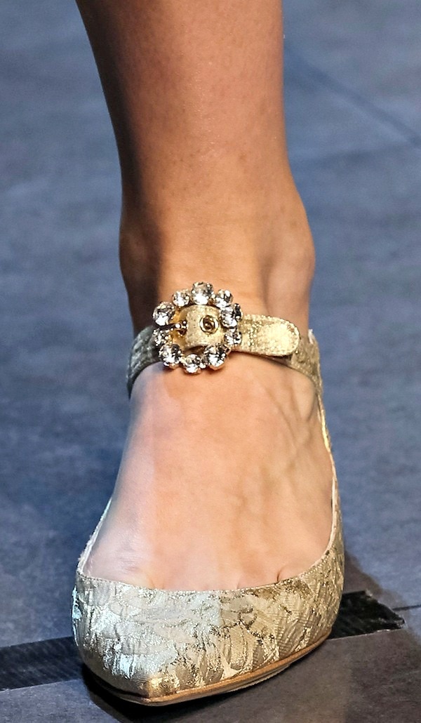 Gold Dolce & Gabbana flats with a floral-patterned fabric and a jeweled buckle strap