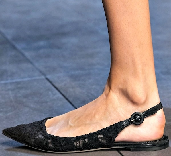 Black Dolce & Gabbana flat slingback shoes with a lace overlay and a pointed toe