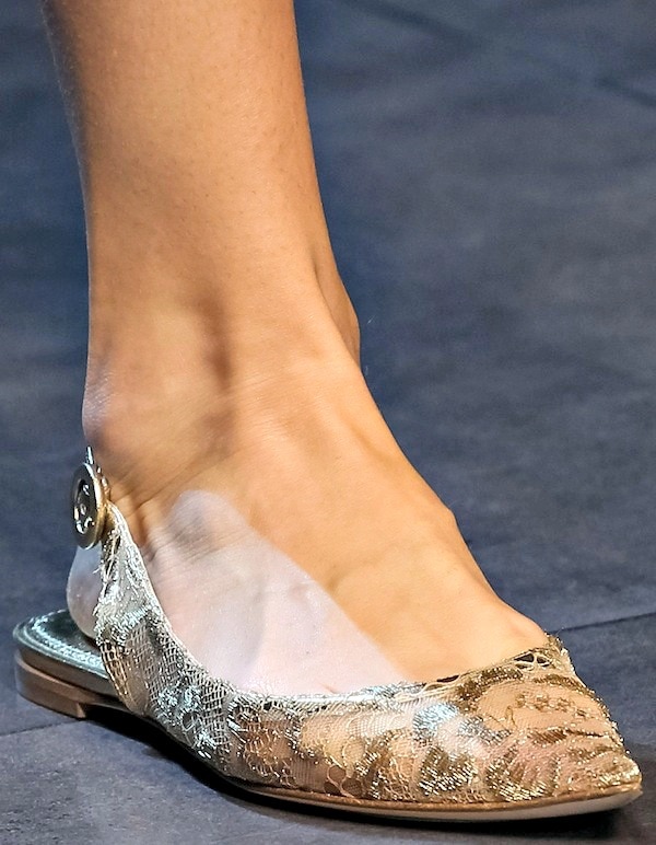 Gold Dolce & Gabbana flat slingback shoes with a floral lace overlay and a pointed toe