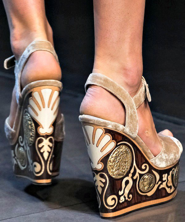 Velvet Dolce & Gabbana wedge sandals with gold coin and ornate detailing on the platform