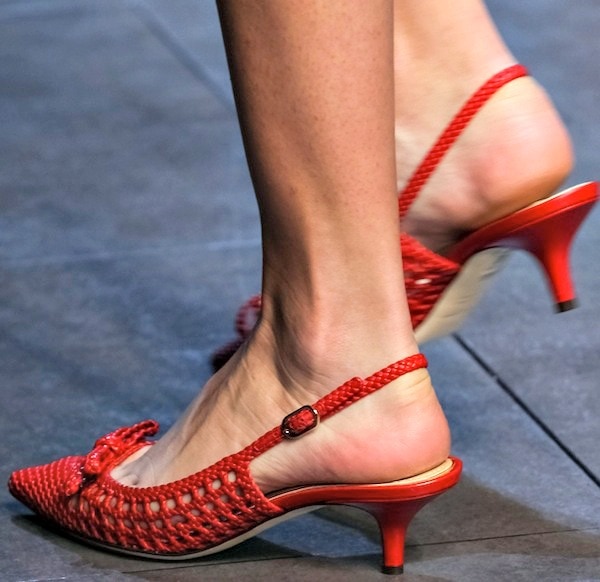 Red Dolce & Gabbana slingback heels with a woven design and kitten heels