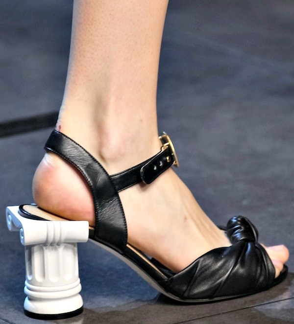 Black Dolce & Gabbana sandals with a unique Doric column heel and a knotted front design