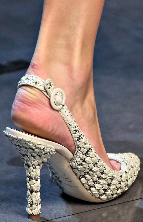 White Dolce & Gabbana slingback heels with a woven design and braided detailing on the heel