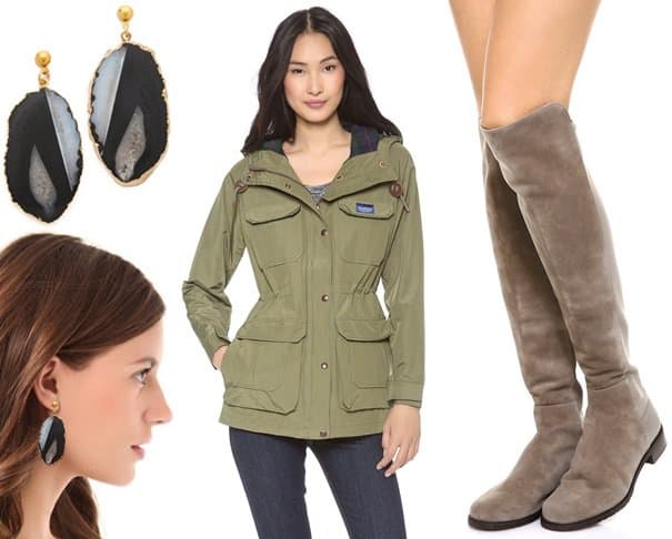 Dara Ettinger Nora Earrings and Penfield Kasson Mountain Hooded Parka and Stuart Weitzman 5050 Flat Boots