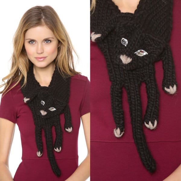 A winter accessory gets a whimsical twist when a soft wool scarf takes the shape of a cat