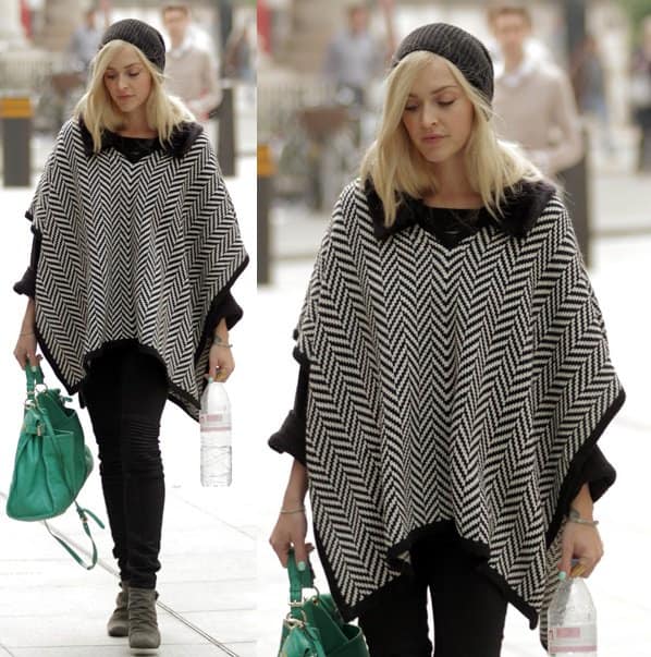 Fearne Cotton arrives at BBC Radio 1 studios in a chic black-and-white poncho, skinny jeans, and a bright green purse on October 1, 2013