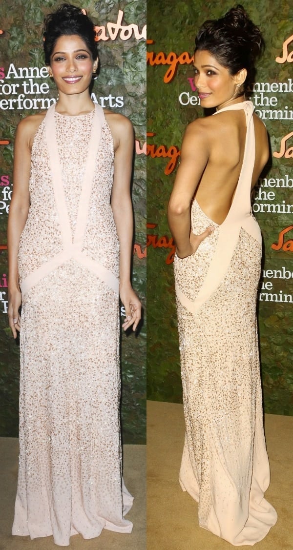 Freida Pinto in a floor-length embellished gown at the 2013 Wallis Annenberg Center for the Performing Arts Inaugural Gala