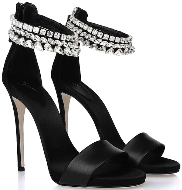 Giuseppe Zanotti Black Calfskin Ankle-Strap Sandals with Crystal Embellishments