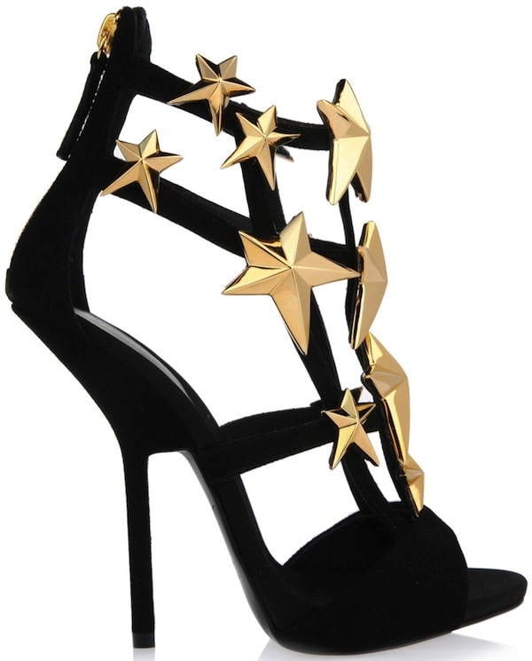 Giuseppe Zanotti Black Suede Sandals with Gold Star Embellishments