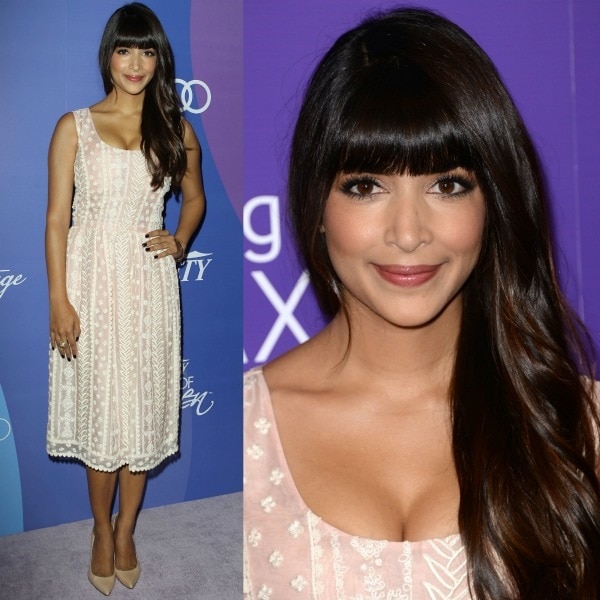 Hannah Simone looked lovely in a pale pink sleeveless frock from Oscar de la Renta