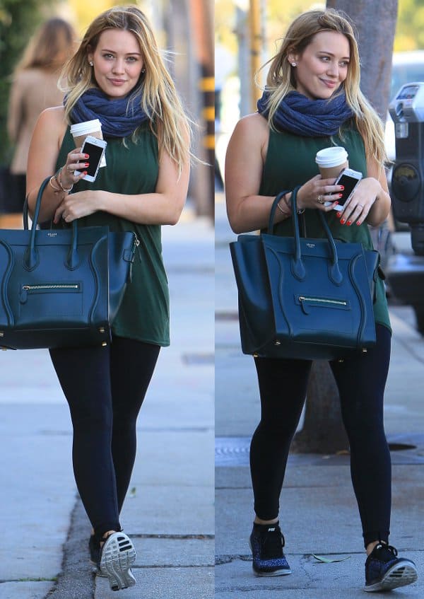 Hilary Duff carries a Celine Boston bag outside a gym in West Hollywood