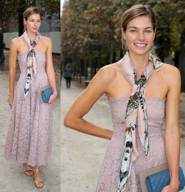 Jessica Hart looks elegant in a long lace dress at the Valentino Spring 2014 presentation during Paris Fashion Week on October 1, 2013