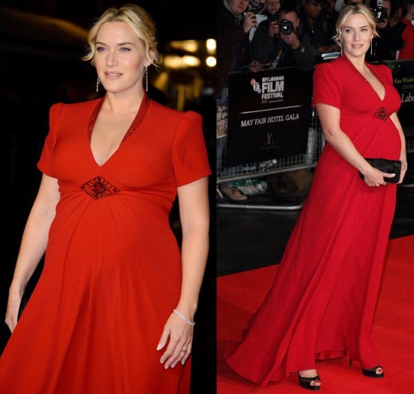 Pregnant Kate Winslet in a red dress at the premiere of her new movie "Labor Day"
