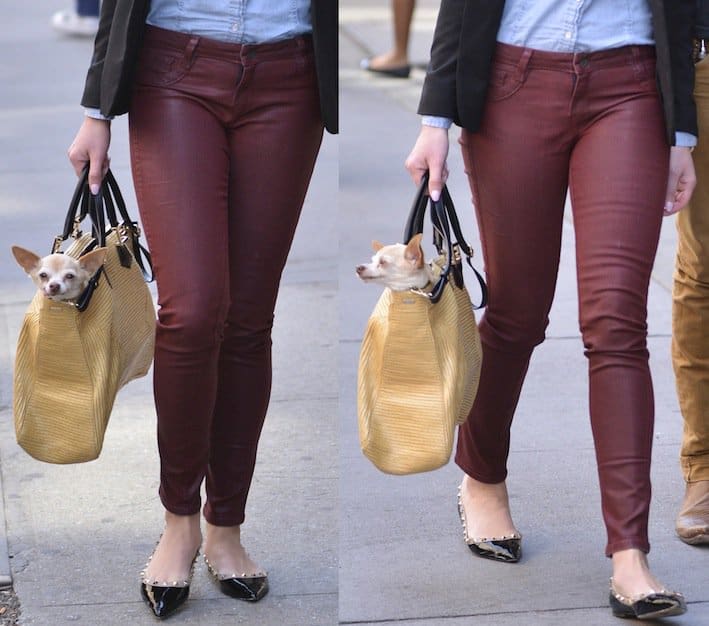 Katherine Heigl pairs burgundy-coated denim jeans with a light chambray top and a sleek black blazer