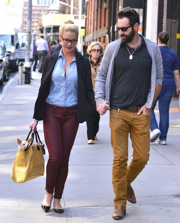 Katherine Heigl seen on a stroll with husband Josh Kelley and their dog in New York City on October 4, 2013