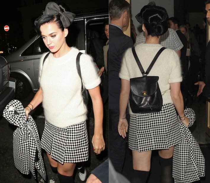 At Nobu London, Katy Perry impresses with her checkered jacket and skirt combo, complete with a trendy mini backpack