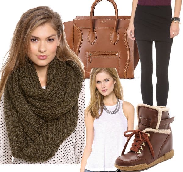 Get the Look: Scarf: Paula Bianco Chunky Knit Wrap Scarf, $85, Top: Free People Long Beach Tank, $20, Leggings: Brochu Walker Fold Over Leggings, $125, Shoes: Marc by Marc Jacobs Sherpa Lined Wedge Sneakers, $398, Bag: Celine Trapeze in Calfskin Tan