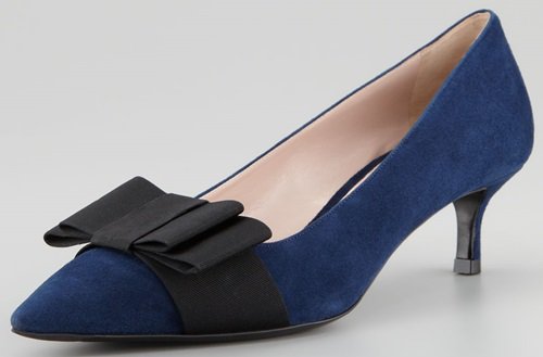 Miu Miu Low-Heel Bow-Embellished Pumps in Blue Suede
