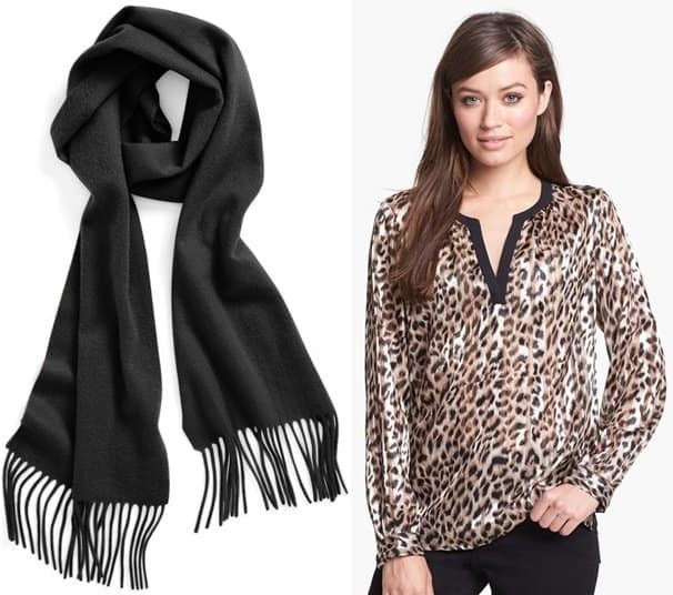 Solid Woven Cashmere Scarf and Chaus Split Front Leopard Print Blouse