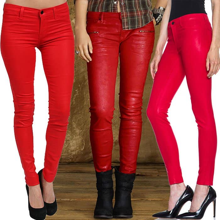 Red faux leather jeans