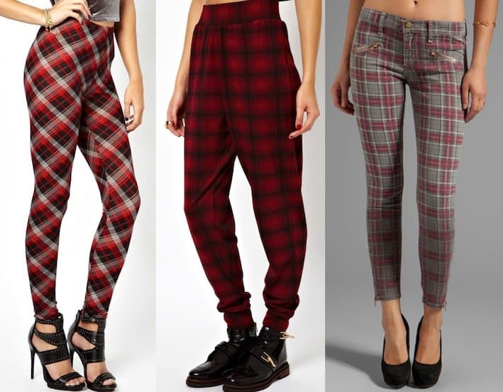 Red tartan-printed pants for women with smaller body frames