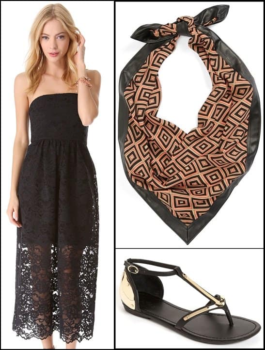 Tibi Strapless Lace Dress, Halogen Graphic Print Scarf with Faux Leather Trim, and Zigi Arrow Sandals