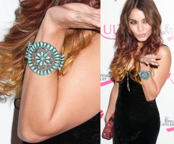 Vanessa's gorgeous turquoise bracelet catching our attention as the young actress blows a kiss to the press